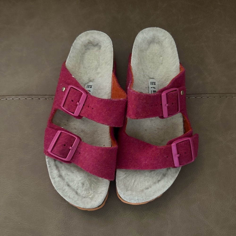 Birkenstock Two-Strap Slide Sandals in Fuchsia with Orange Sole - Picture 3 of 3